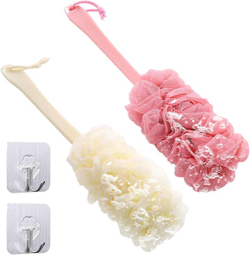 2 Pieces Loofah Bath Brush with Long Handle, Shower Body Brushes with Bath Net Sponge Soft Mesh, Back Brush Scrubber for Men and Women Back Cleaning, Exfoliating Dead Skin (Pink and Beige)