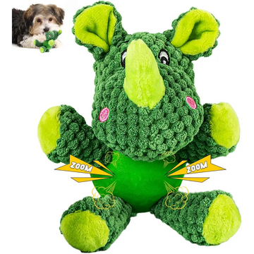 Green plush rhino dog toy with squeaker and latex ball for small dogs and puppies