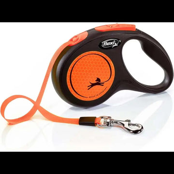 Flexi New Neon Tape Orange Retractable Dog Leash with chrome snap hook for dogs up to 15kgs