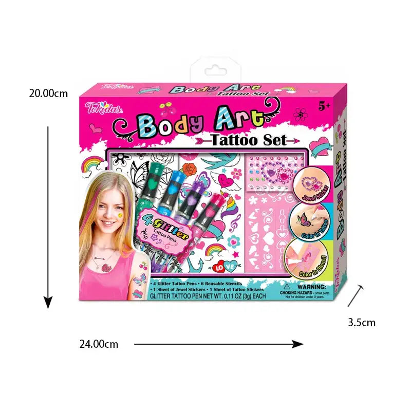 Colorful Body Art Tattoo Set for Kids with Tattoo Pen, Stencils, and Gem Stickers