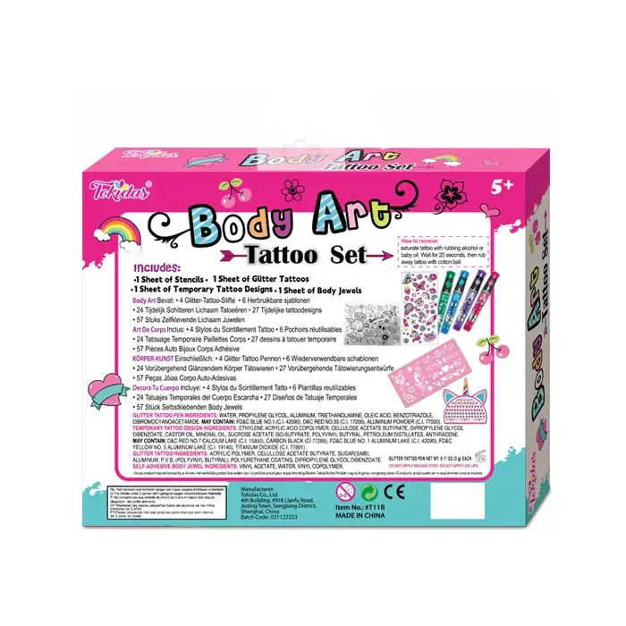 Kids Makeup Set featuring Body Art Tattoo pens, stencils, and gem stickers for fun creativity