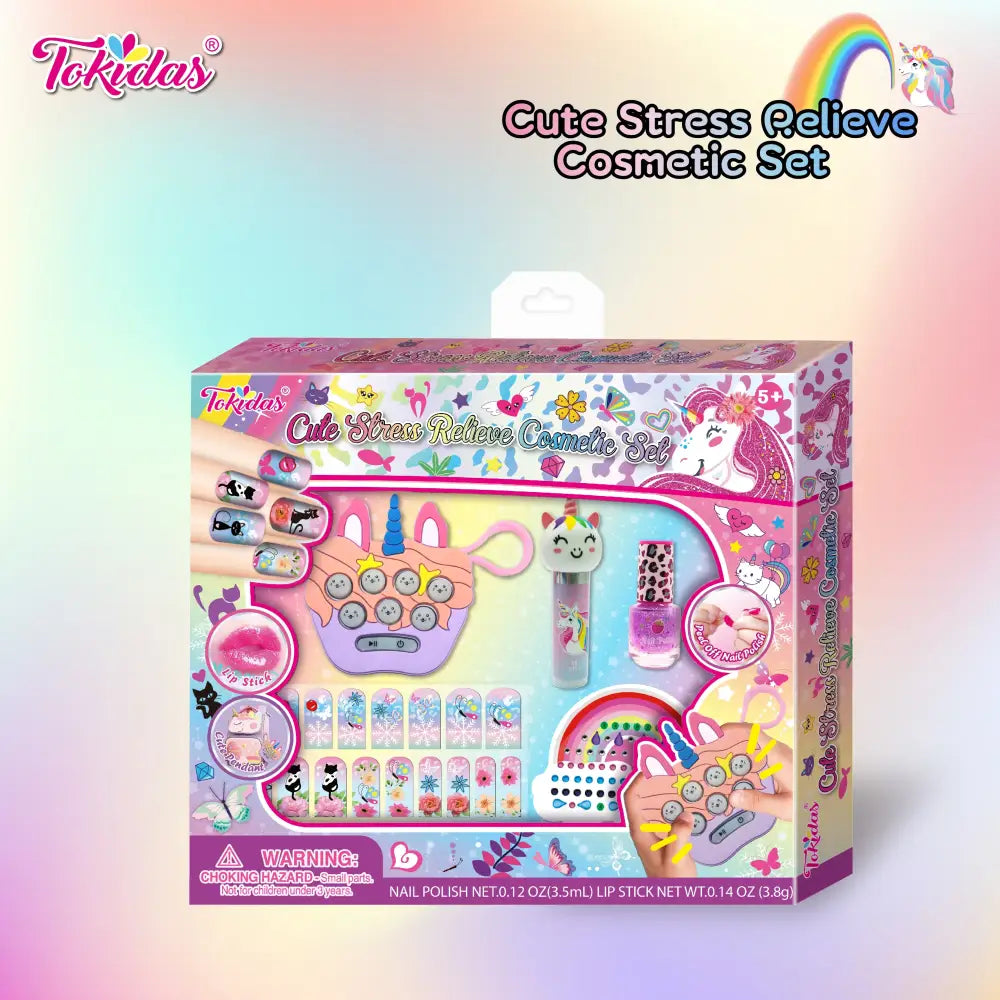 Unicorn-themed kids makeup set with nail polish art and cute stress relieve features