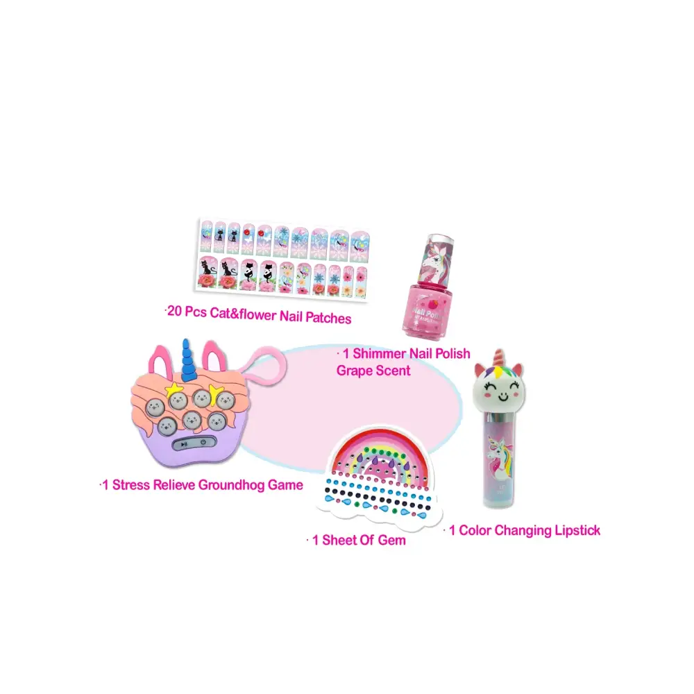 Unicorn-themed kids makeup set with nail polish art and cute stress relieve toys