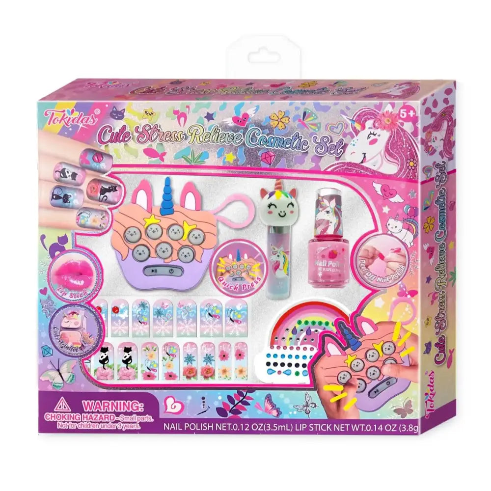 Unicorn-themed kids makeup set with nail polish art and cute stress relieve features