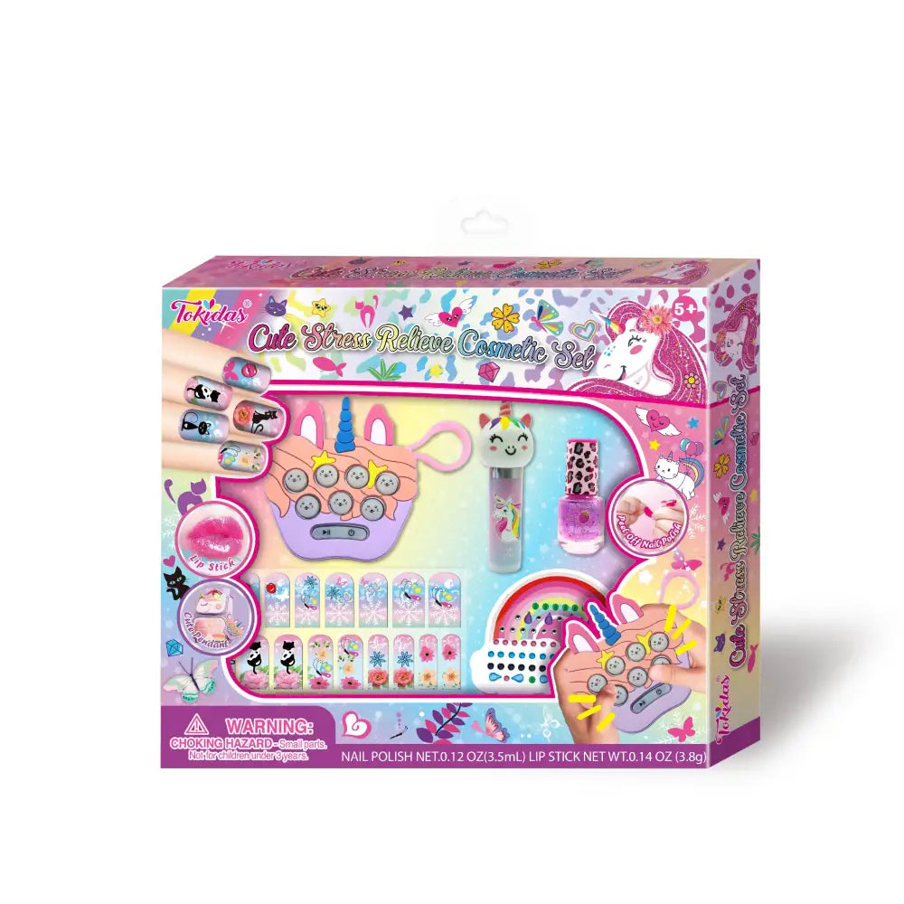 Unicorn-themed kids makeup set featuring nail polish art and cute stress relieve cosmetics