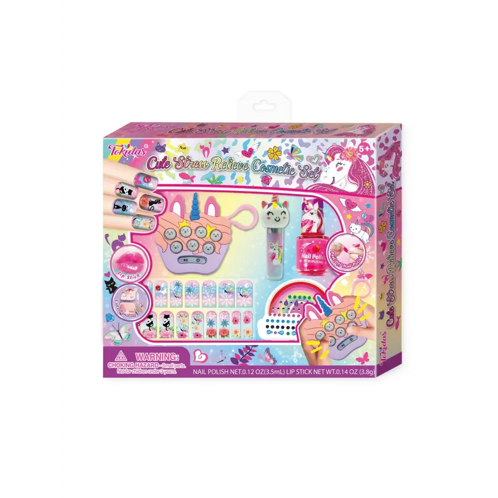 Unicorn-themed kids makeup set with nail polish art and cute stress relieve cosmetics