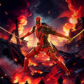 Deadpool with swords in fiery backdrop from HiPlay ZD Toys Movie Edition collectible