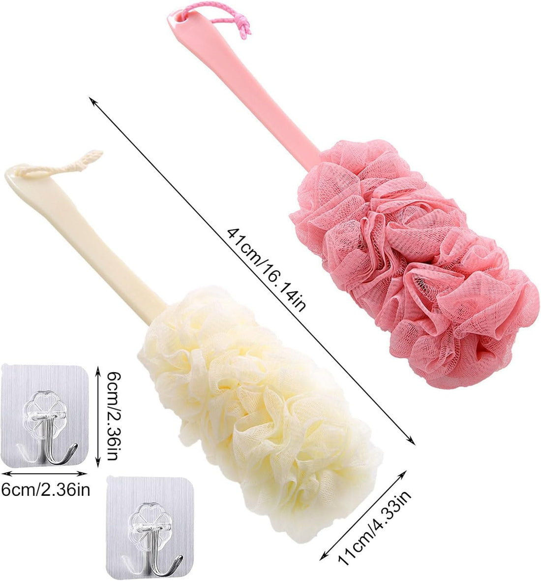 2 Pieces Loofah Bath Brush with Long Handle, Shower Body Brushes with Bath Net Sponge Soft Mesh, Back Brush Scrubber for Men and Women Back Cleaning, Exfoliating Dead Skin (Pink and Beige)