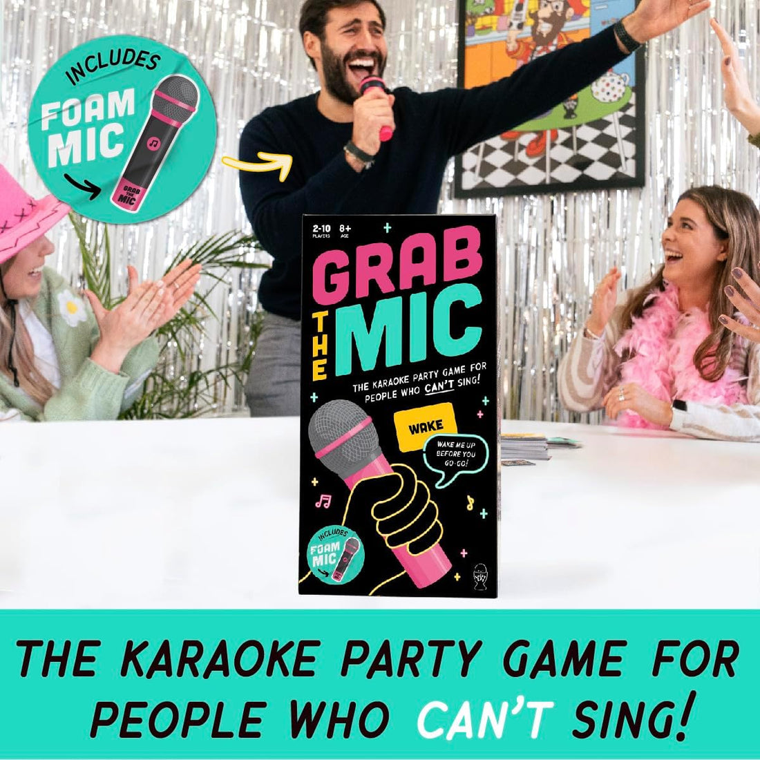 Lucky Egg Official Grab the Mic – Family Karaoke Game, 8+ Year Olds, 2-10 Players - Board Game for Bad Singers with 250 Lyrics (125 Cards) for Hilarious Nights & Birthday Party, Kids Gift