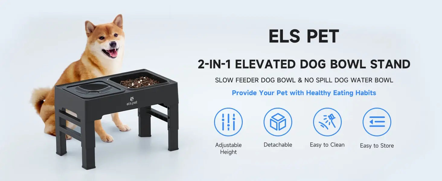 ELS PET Elevated Dog Bowls Adjustable Raised Dog Bowl with Slow Feeder Dog Bowl and Dog Water Bowl Non-Spill for Dogs