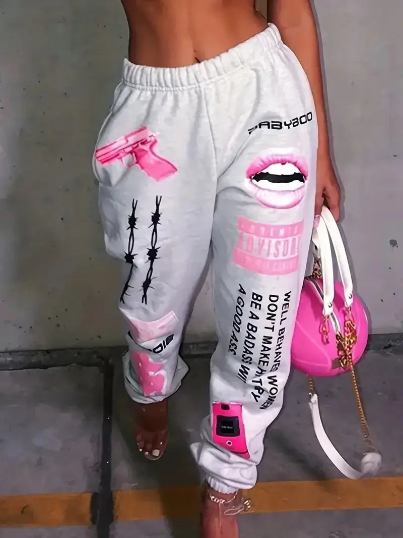 Women Fashion Elastic Waist Sports Casual Harem Pants Femme Joggers Trouser Printed Sweatpants