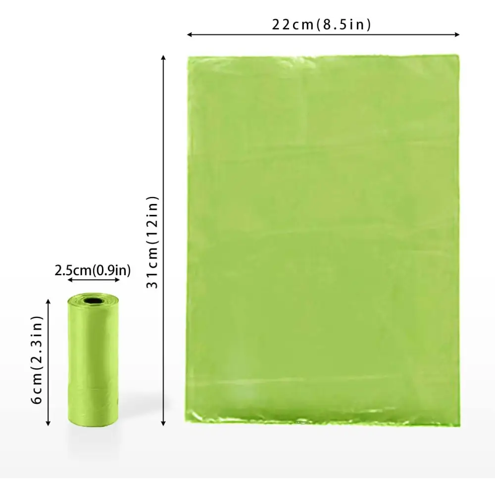 Green AiTodos 600PCS Dog Poop Bags with dimensions for easy outdoor use and portability