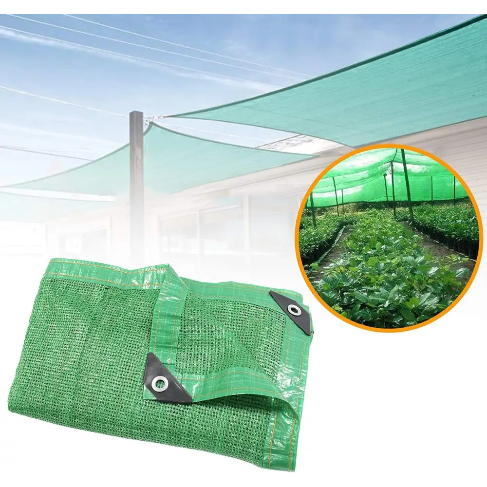 Green shade cloth with grommets for greenhouse shading and garden sun protection