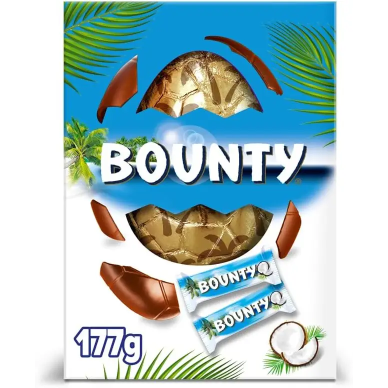 Bounty Large Egg 177G packaging featuring rich cocoa butter for a delicious treat