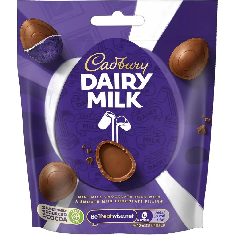 Cadbury Dairy Milk Mini Chocolate Egg Bag with smooth chocolate filling, 77 g pack