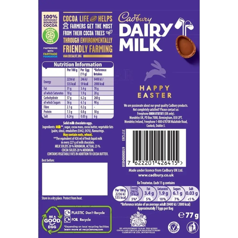 Cadbury Dairy Milk Mini Chocolate Egg Bag packaging with smooth chocolate filling