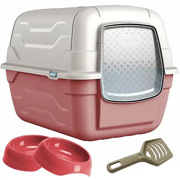 Pink and White Cat Centre Pink Roto Litter Tray with Gusto Bowls and Scoop