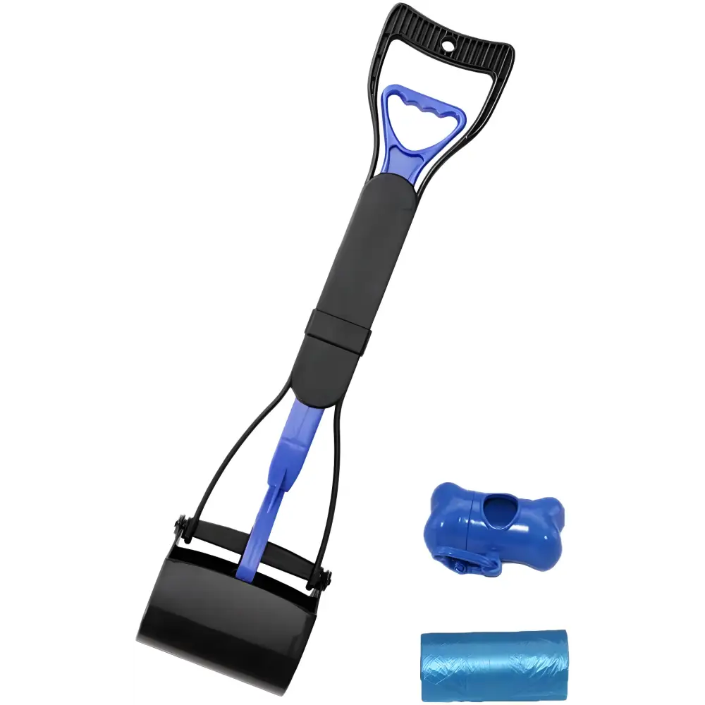 Ceasyde Long Handle Dog Pooper Scooper in black and blue, folding portable solid design