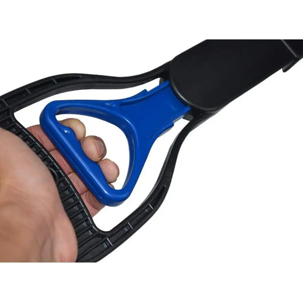 Hand gripping blue and black reacher grabber for Ceasyde Long Handle Dog Pooper Scooper