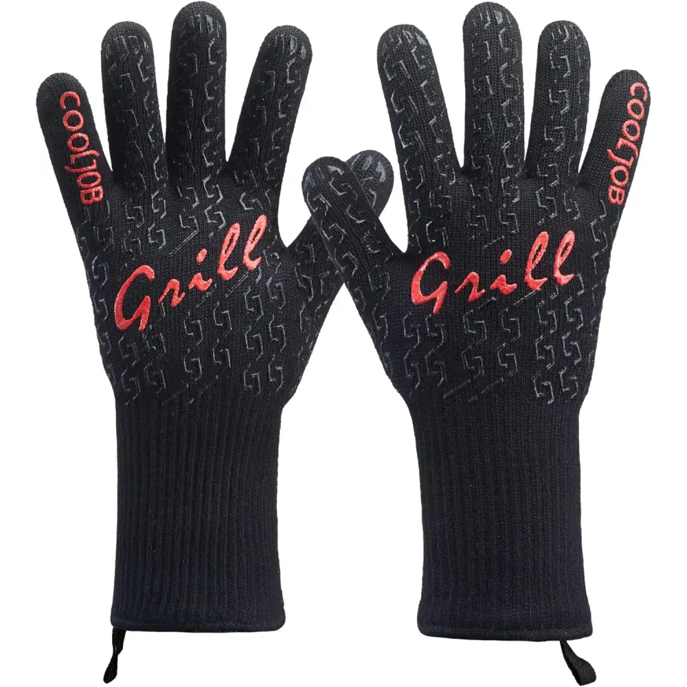 COOLJOB BBQ Gloves Oven Gloves Heat Resistant with Non Slip Silicone Oven Mitts with Fingers for Barbecue Grilling