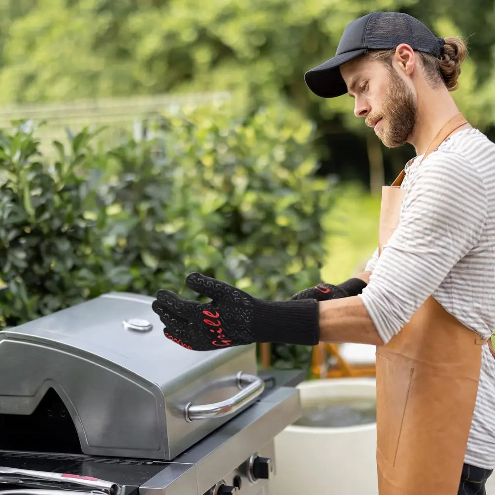 COOLJOB BBQ Gloves Oven Gloves Heat Resistant with Non Slip Silicone Oven Mitts with Fingers for Barbecue Grilling