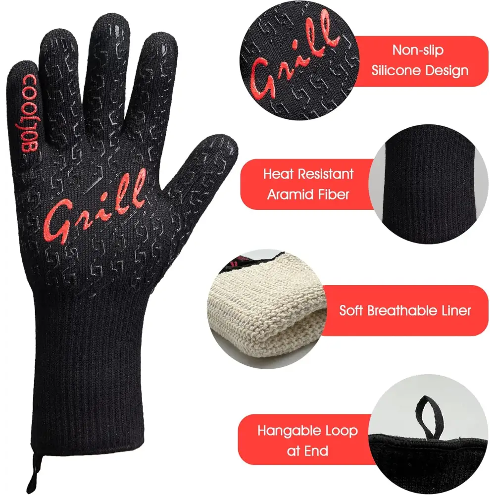 COOLJOB BBQ Gloves Oven Gloves Heat Resistant with Non Slip Silicone Oven Mitts with Fingers for Barbecue Grilling