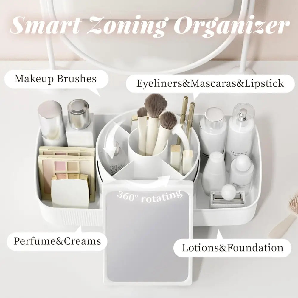 White COOSEYA Makeup Organiser with mirror for 360 Degree Rotating Cosmetic Storage