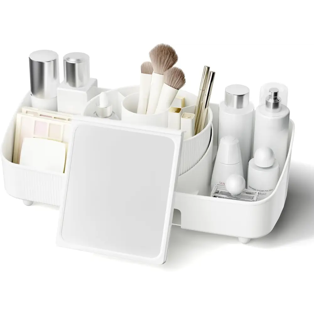 White COOSEYA Makeup Organiser with mirror for 360 Degree Rotating Cosmetic Storage