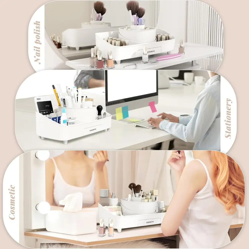 White COOSEYA Makeup Organiser with 360 Degree Rotating Cosmetic Storage and Mirror