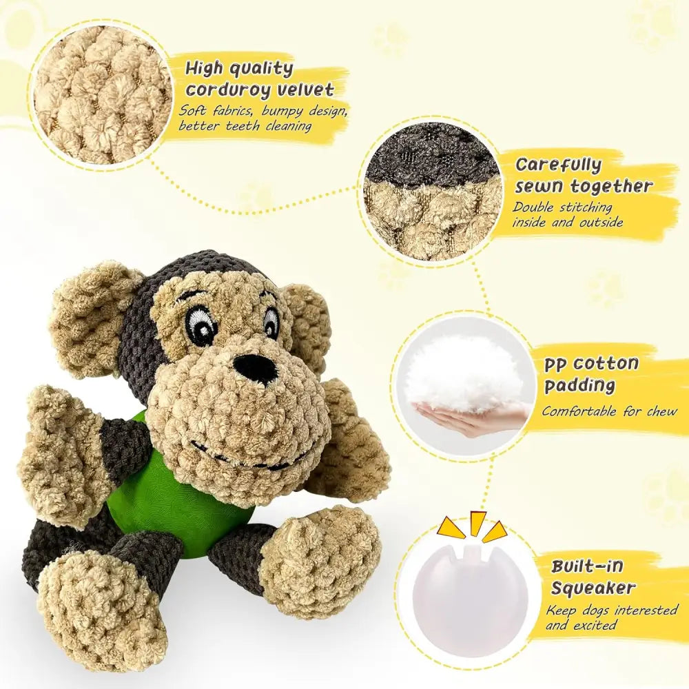 Stuffed monkey dog toy with squeaker and latex ball for small dogs and puppies