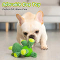 White French Bulldog with green plush dog toy featuring squeaker and latex ball for playful fun