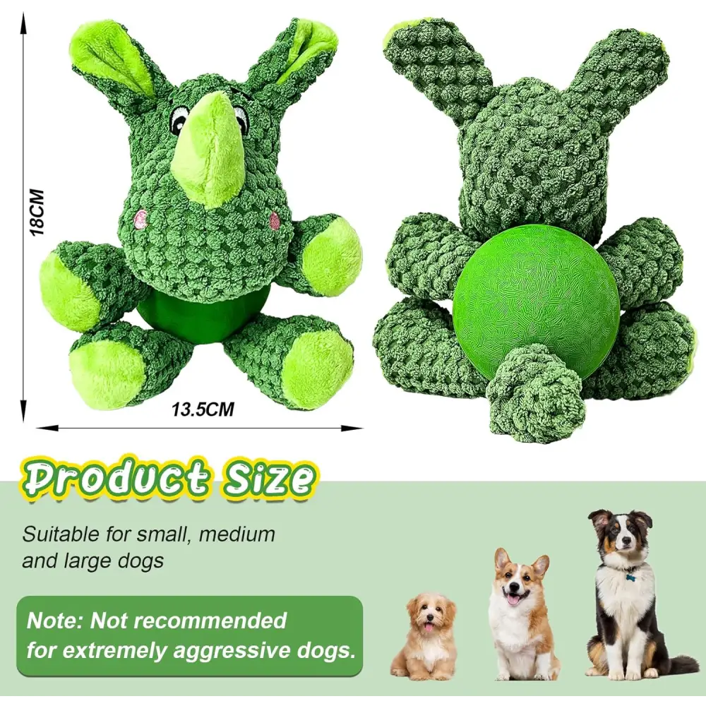 Green plush dog toy with squeaker and latex ball for small dogs and puppies