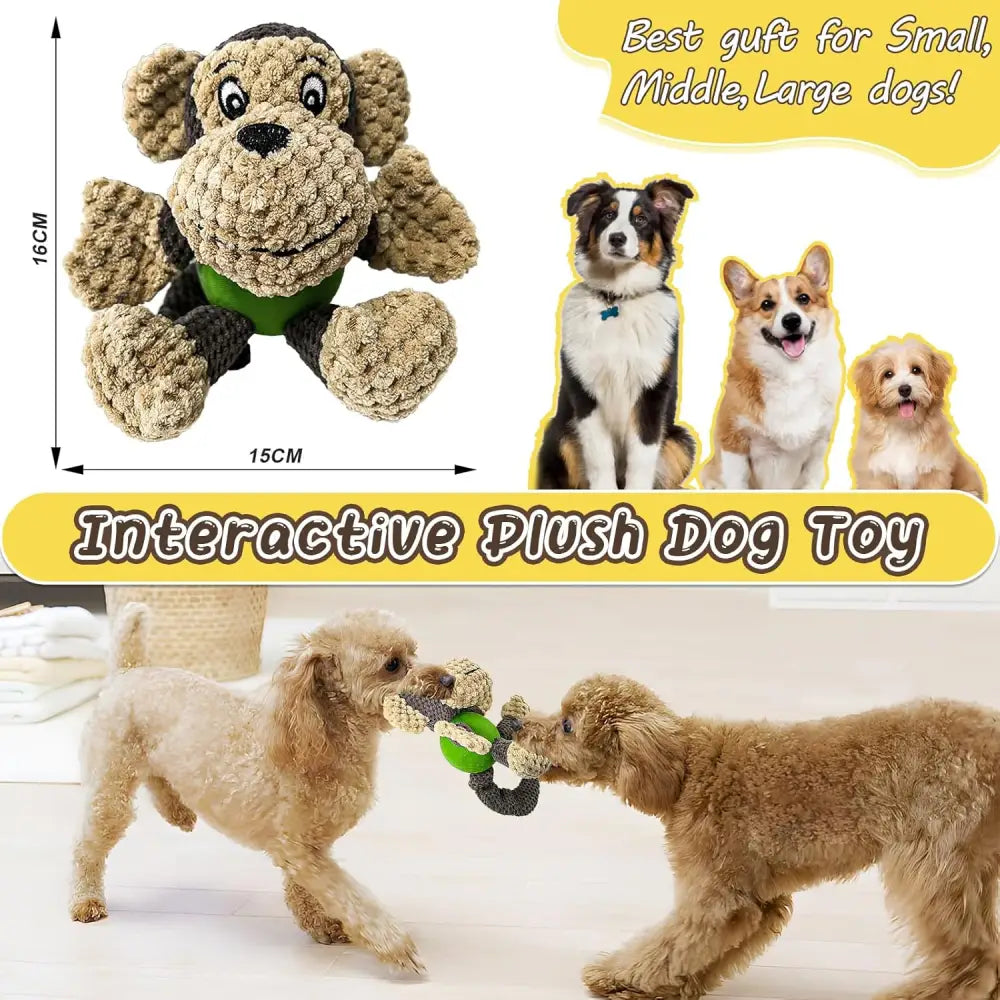 Monkey-shaped plush dog toy with squeaker and latex ball for small dogs and puppies