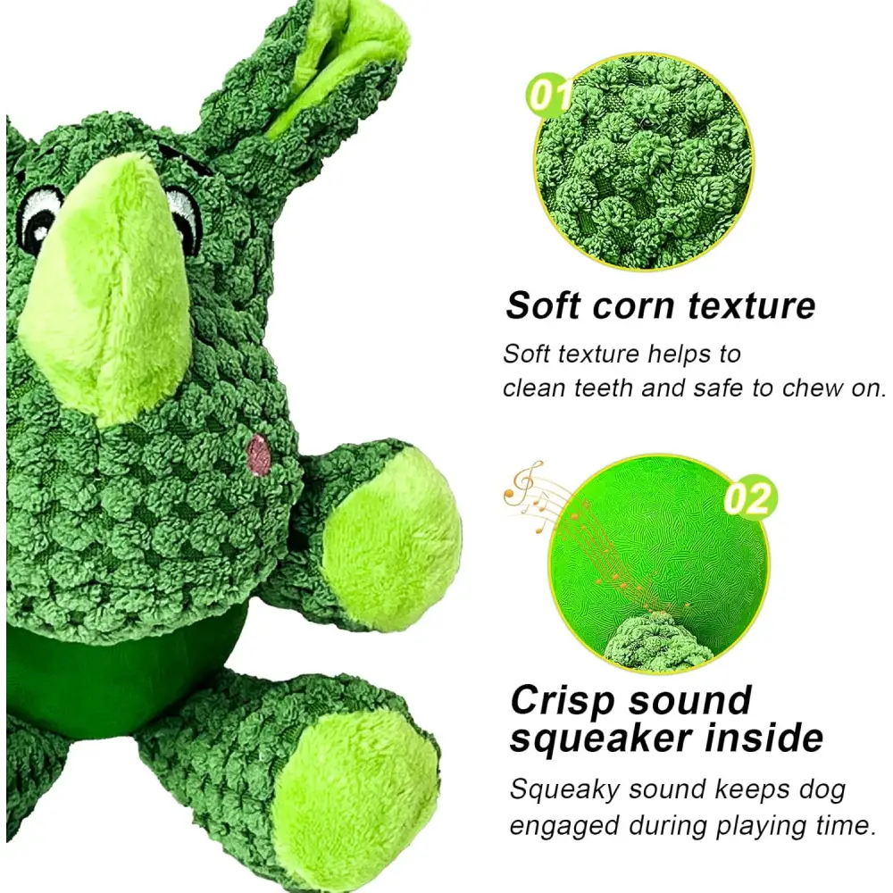 Green plush rhinoceros dog toy with squeaker and latex ball for small dogs and puppies