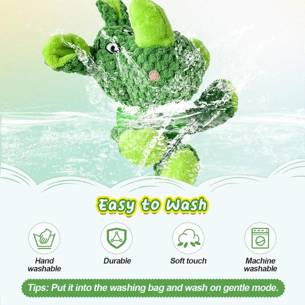 Green plush dog toy being washed, perfect for small dogs and puppies for play and boredom relief