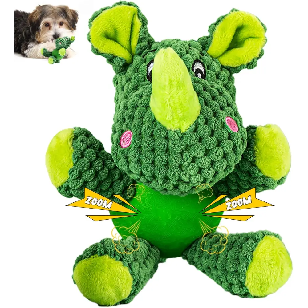 Green plush rhino dog toy with squeaker and latex ball for small dogs and puppies