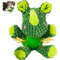 Green plush rhino dog toy with squeaker and latex ball for small dogs and puppies