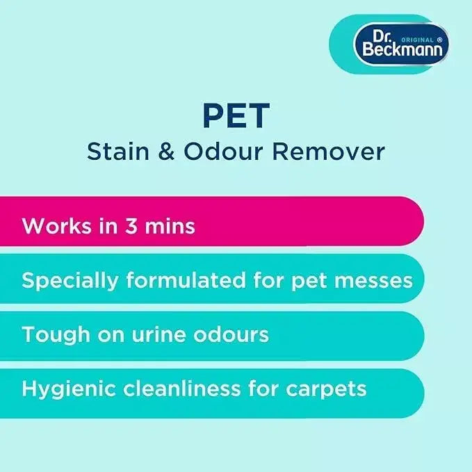 White bottle of Dr Beckman Pet Odour Remover with blue and yellow brush for carpet upholstery cleaning