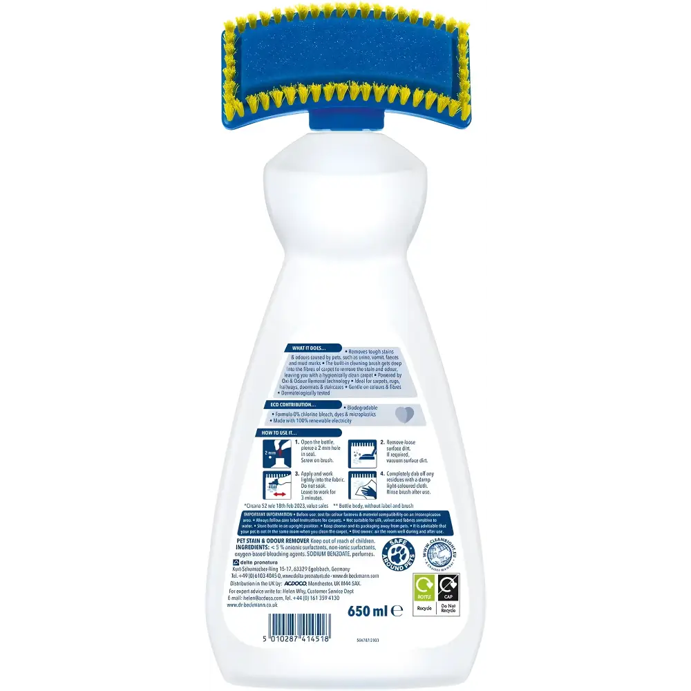 White bottle of Dr Beckman Pet Odour Remover with blue and yellow brush for carpet upholstery cleaning