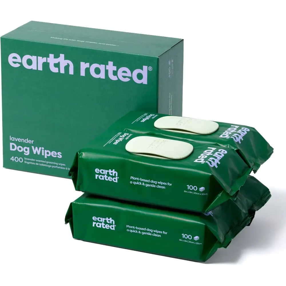 Earth Rated Hypoallergenic Dog Wipes for odour-controlling grooming, lavender scent, 100 count