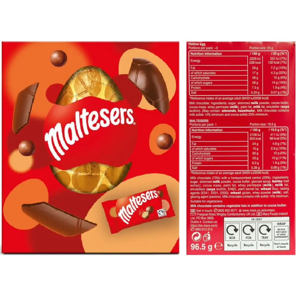 Maltesers Easter egg packaging showcasing nutrition info for Maltesers Milk Chocolate and Mini Bunnies