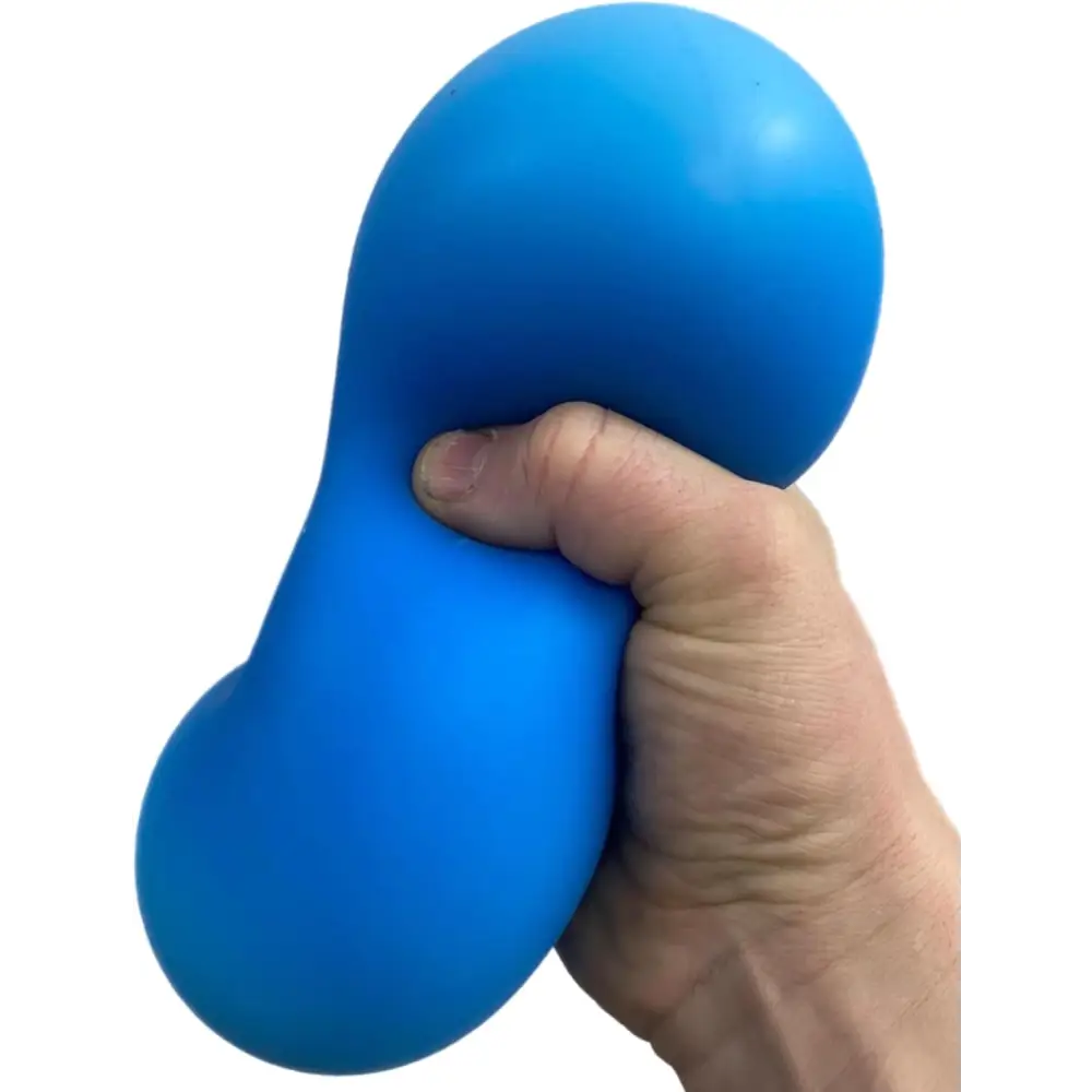 Blue jumbo stress ball being squeezed for anxiety relief and fidgeting at the office