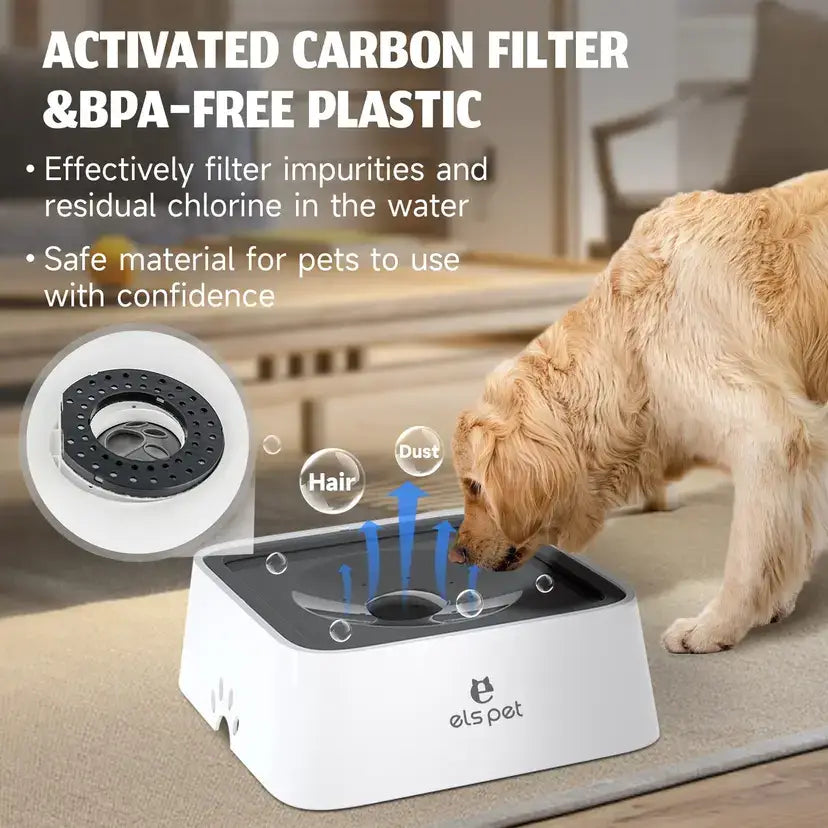 ELS PET 2L Dog Water Bowl with Filter Anti-Spill Slow Drinking Design Non-Slip Travel-Friendly Pet Water Bowl for Dogs