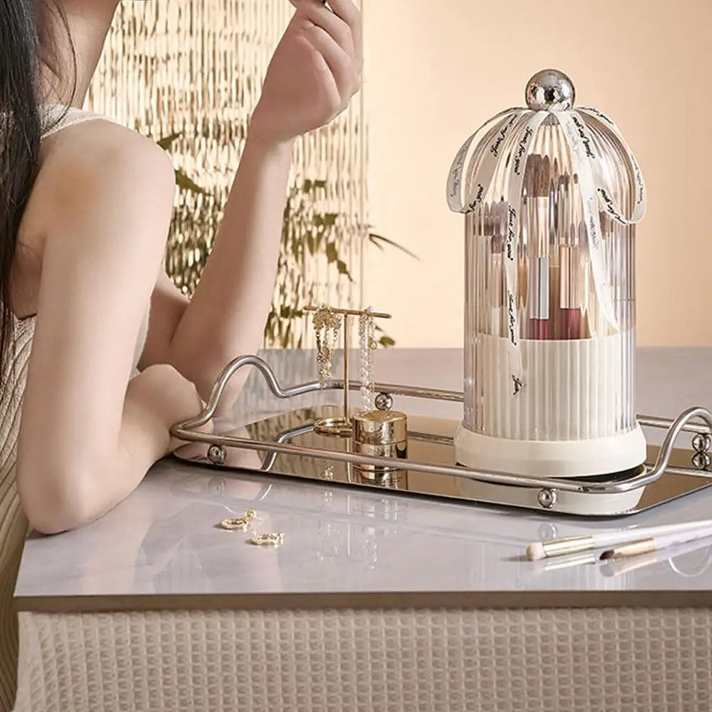 Cosmetic brush holder with dome top and clear lid for vanity organization