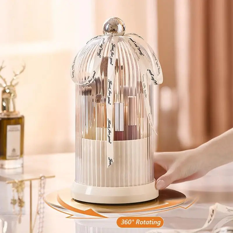 Rotating Ezebesta Makeup Brush Holder with Clear Lid and Cute Ribbon for Vanity