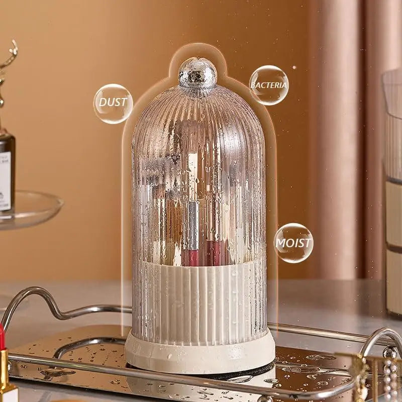Clear ribbed cosmetic storage dome on Ezebesta 360 rotating makeup brush holder