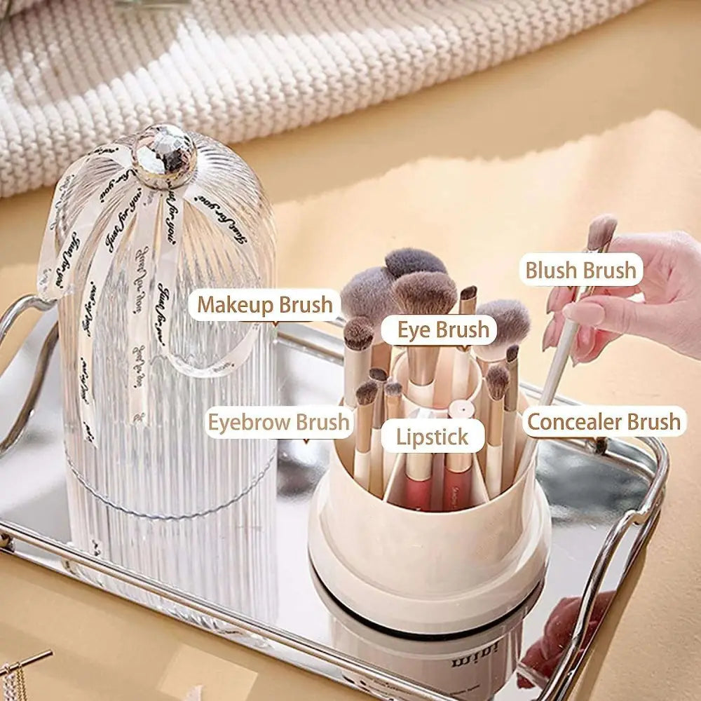 Ribbed white cosmetic organizer with ribbon and clear lid for makeup brushes on Vanity