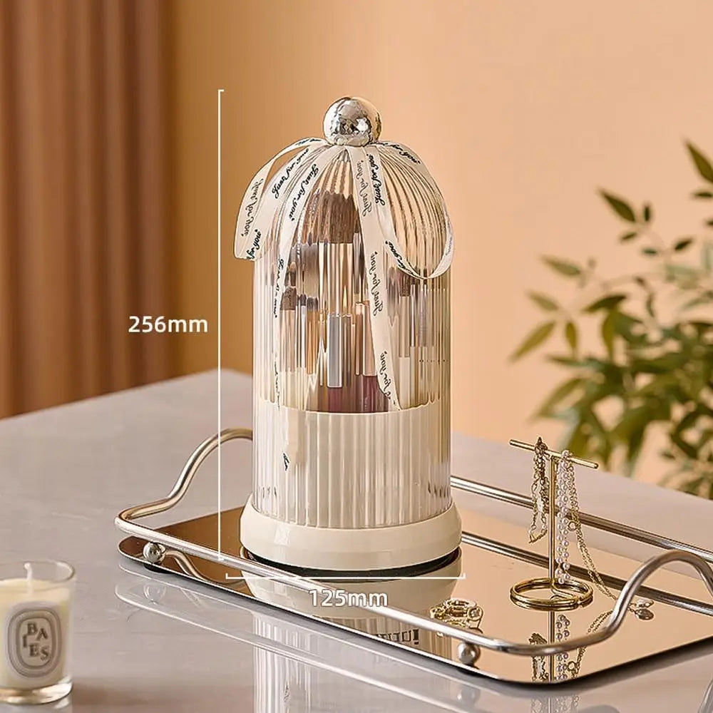 Decorative white Ezebesta makeup brush holder with clear lid and cute ribbon for vanity