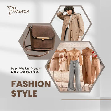 Fashion advertisement with clothing and accessories.