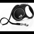 Black retractable dog leash featuring Flexi Neon and chrome snap hook for small dogs